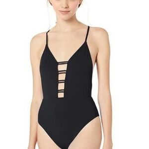 NWT The Bikini Lab Women's One Piece Swimsuit Small Black Plunging V-Neck